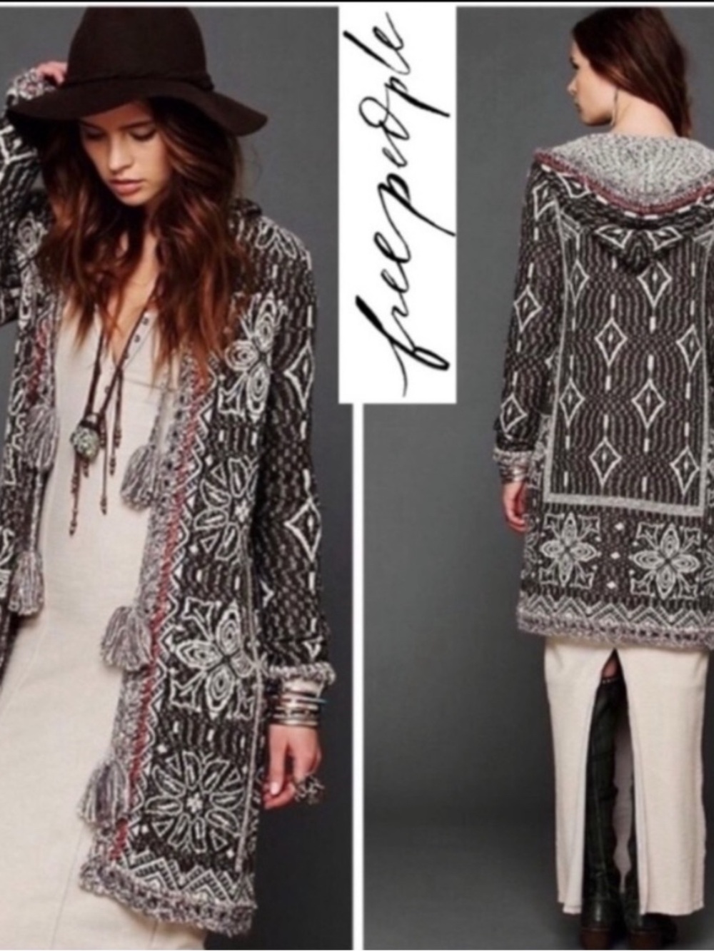 Free People Boho Floral Tapestry Kai Pom Pom Tassel Hooded Cardigan
Sweater M